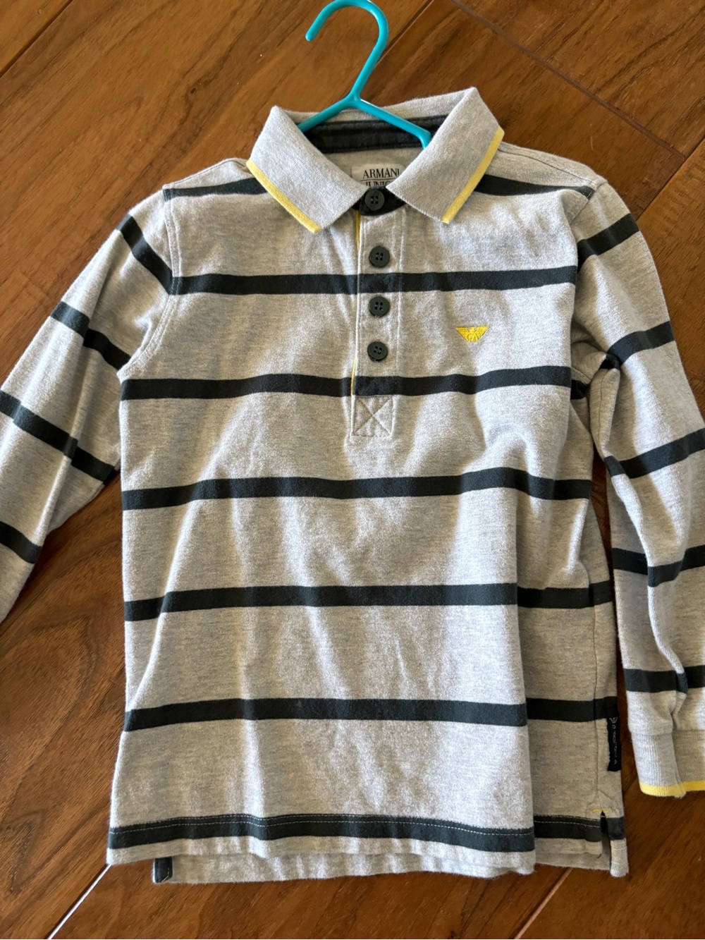Armani Junior Gray Polo Shirt with Black Stripes and Yellow Trim
